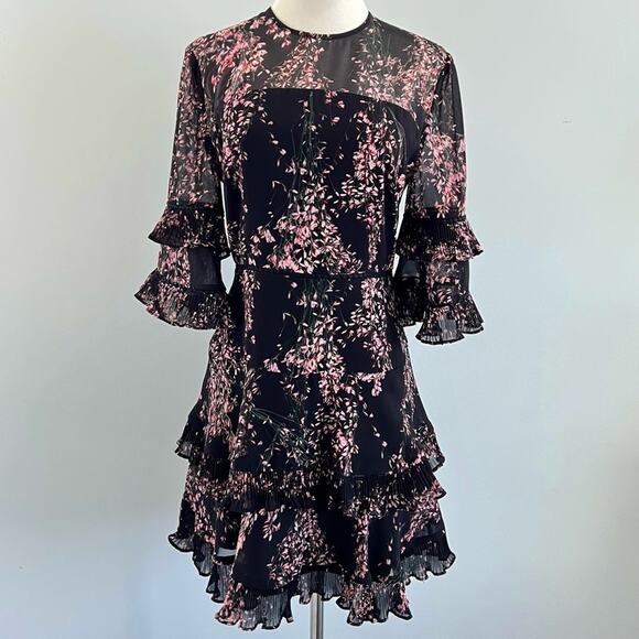 NEW Keepsake Black Pink Floral Ruffle Dress Size M S Anthropologie - Picture 4 of 9